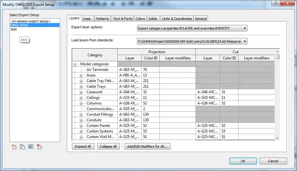 DWG export setup