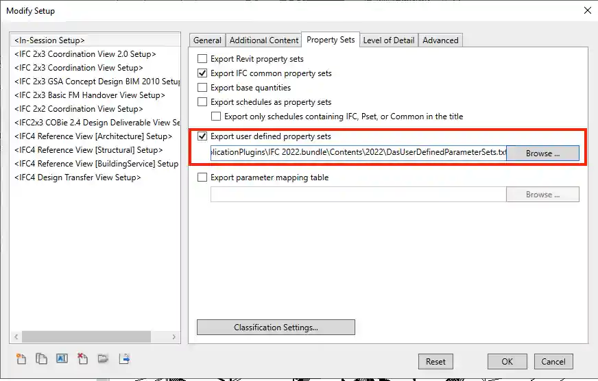 Custom property sets in IFC export setup