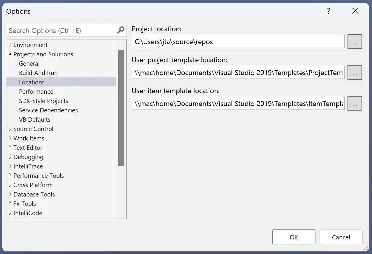 Visual Studio project template location